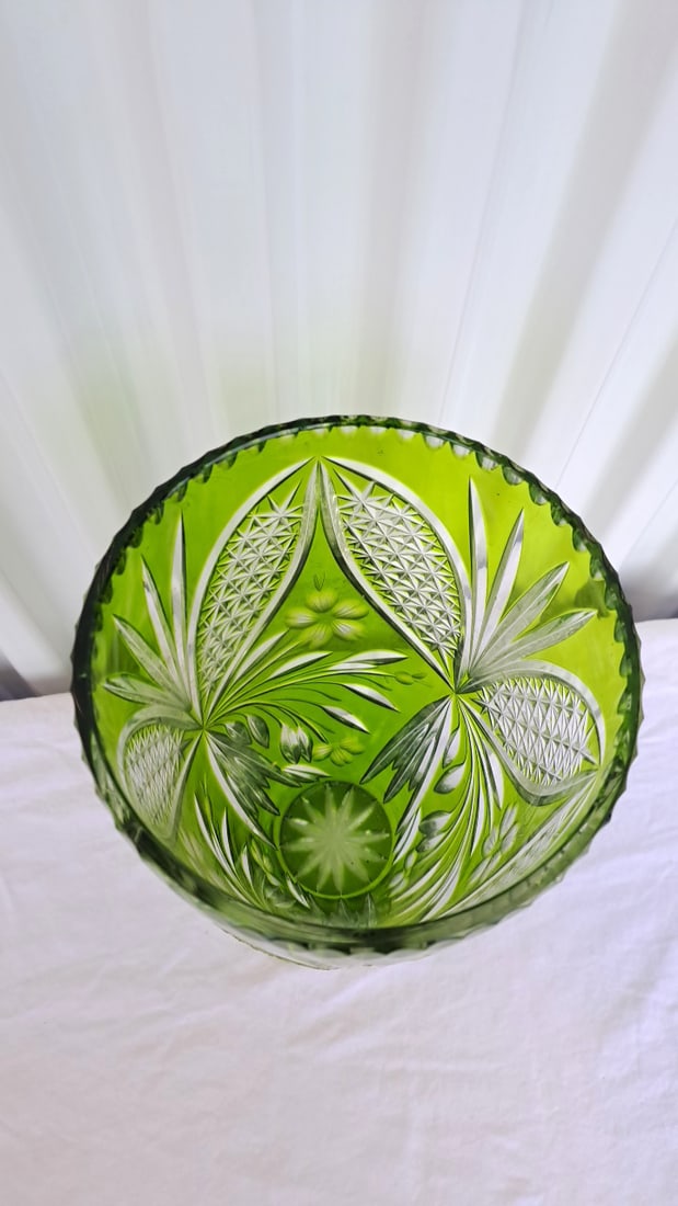 Green Cut To White Bohemian Glass Vase 10in - 4