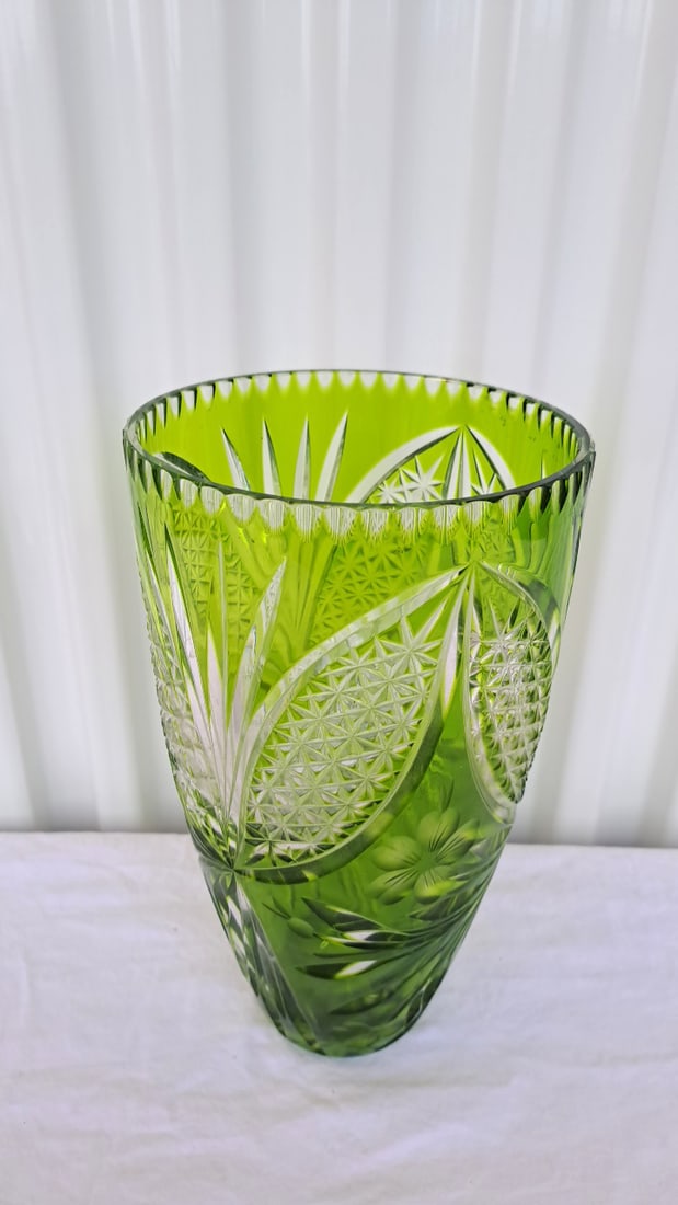 Green Cut To White Bohemian Glass Vase 10in - 7