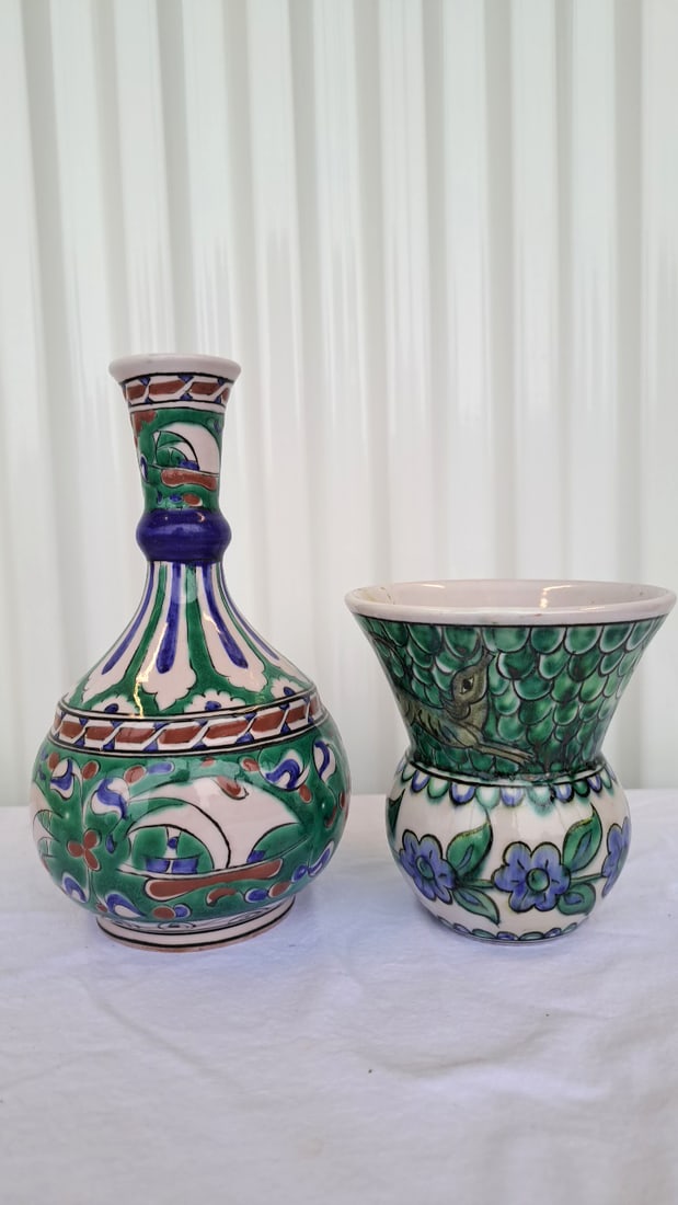 Hand-painted Rhodes Ceramic Vases Green Blue Floral Bottle Vase And Flared Bowl - 2