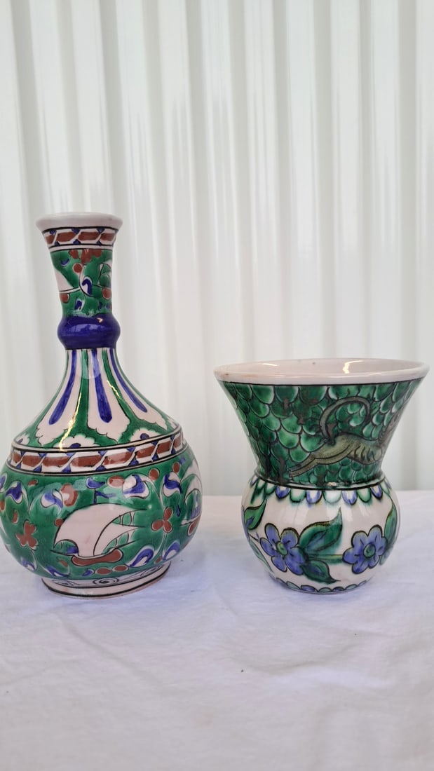 Hand-painted Rhodes Ceramic Vases Green Blue Floral Bottle Vase And Flared Bowl - 3