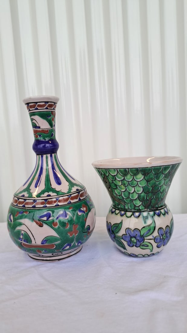 Hand-painted Rhodes Ceramic Vases Green Blue Floral Bottle Vase And Flared Bowl - 4