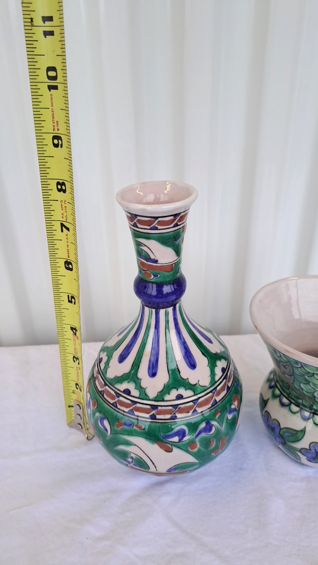 Hand-painted Rhodes Ceramic Vases Green Blue Floral Bottle Vase And Flared Bowl - 5