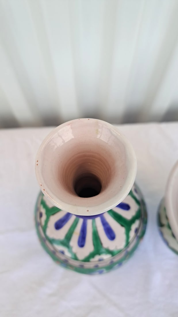 Hand-painted Rhodes Ceramic Vases Green Blue Floral Bottle Vase And Flared Bowl - 7