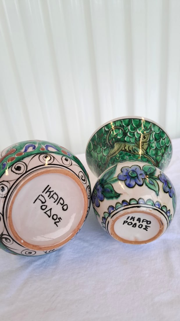 Hand-painted Rhodes Ceramic Vases Green Blue Floral Bottle Vase And Flared Bowl - 9