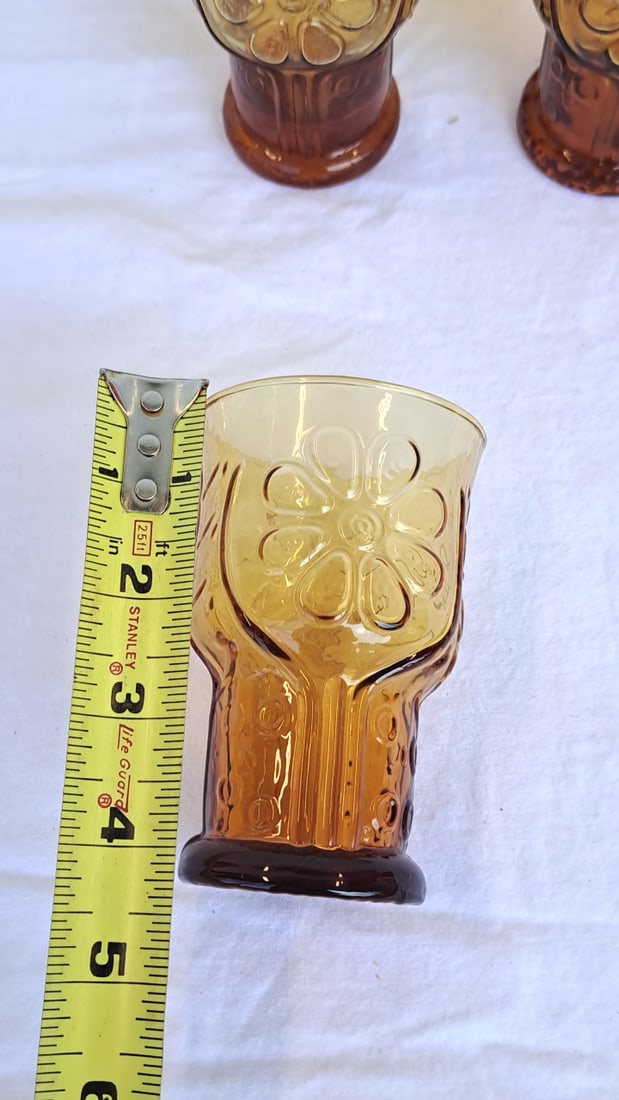 7 Libbey Amber Pressed Glass Floral Daisy Pedestal Tumblers - 2