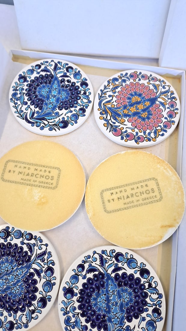 Narchos Handmade In Greece Round Ceramic Floral Coasters, Set Of 12 - 5