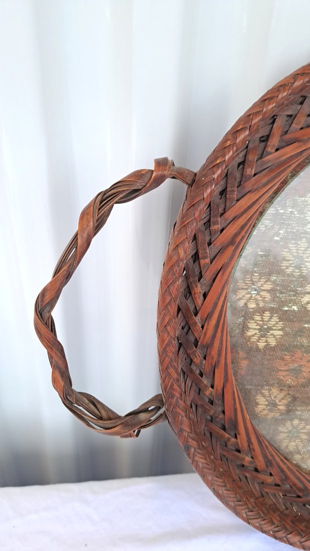 Asian Wicker Rattan Serving Tray With Handles Glass Insert Over Embroidered Woven Rattan - 2