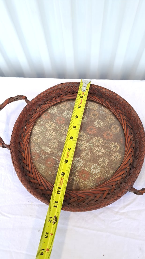 Asian Wicker Rattan Serving Tray With Handles Glass Insert Over Embroidered Woven Rattan - 7