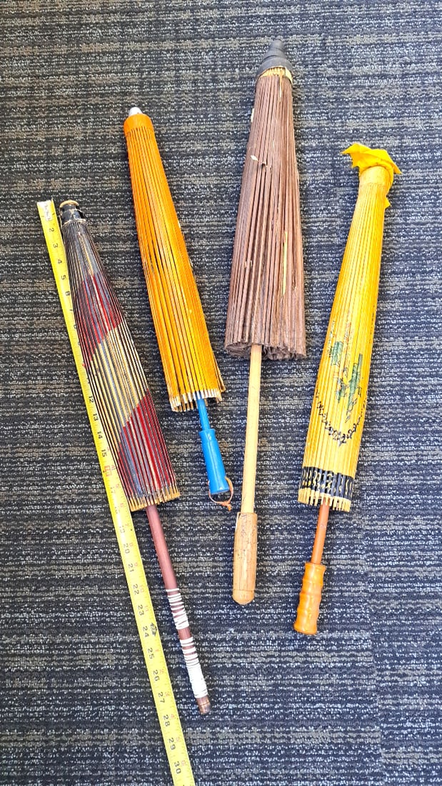 4 Bamboo Paper Parasol Umbrellas, Painted Designs - 2