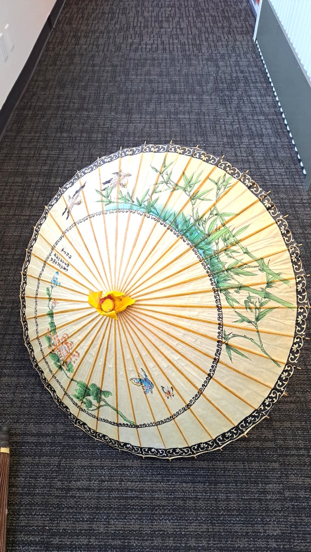 4 Bamboo Paper Parasol Umbrellas, Painted Designs - 4