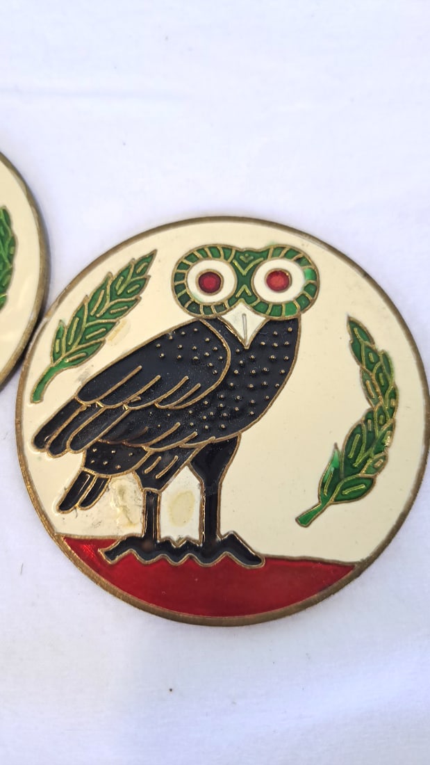 Pair Of Round Enamel Owl Coasters, Red & Black, Gold-tone Metal, 3 In - 2