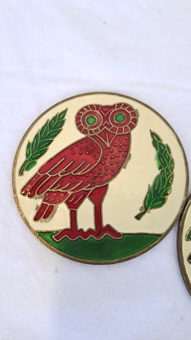 Pair Of Round Enamel Owl Coasters, Red & Black, Gold-tone Metal, 3 In - 3