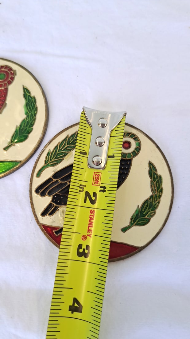 Pair Of Round Enamel Owl Coasters, Red & Black, Gold-tone Metal, 3 In - 5