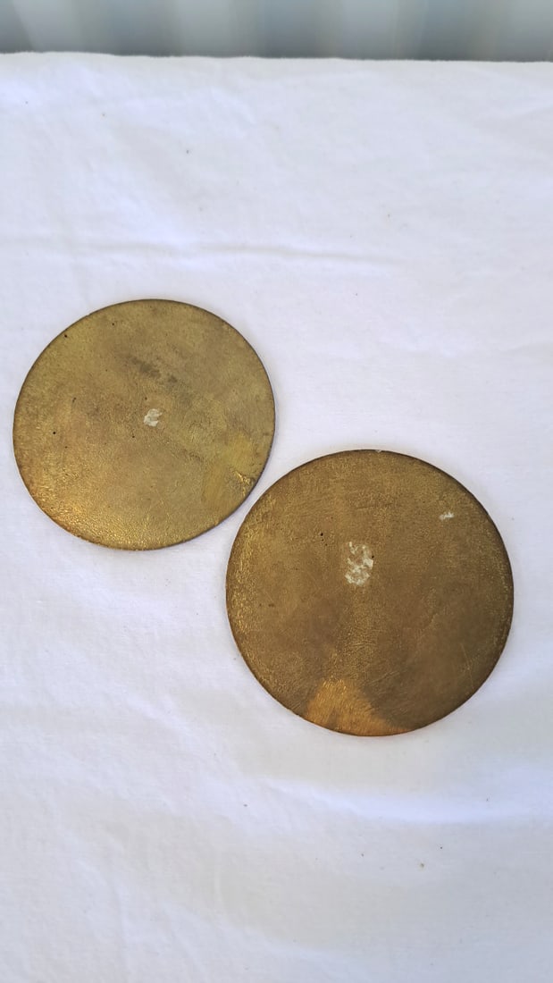 Pair Of Round Enamel Owl Coasters, Red & Black, Gold-tone Metal, 3 In - 6