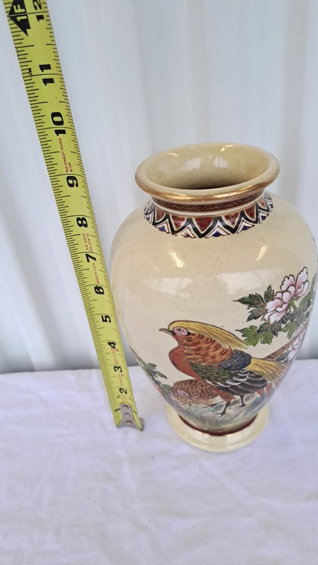 Hand Painted Ceramic Vase With Pheasant Bird And Floral Decoration Signed - 2