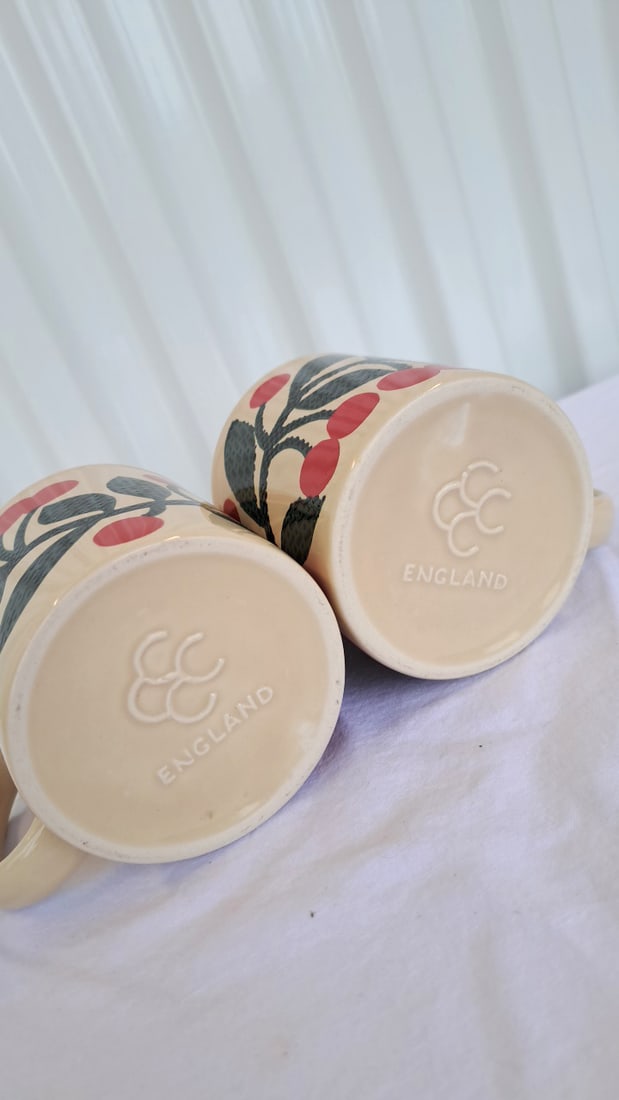 Pair Of Cream Ceramic Mugs With Red Cherry And Green Leaf Design - 10