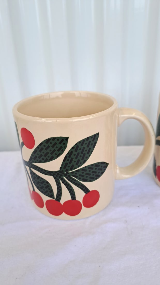 Pair Of Cream Ceramic Mugs With Red Cherry And Green Leaf Design - 3