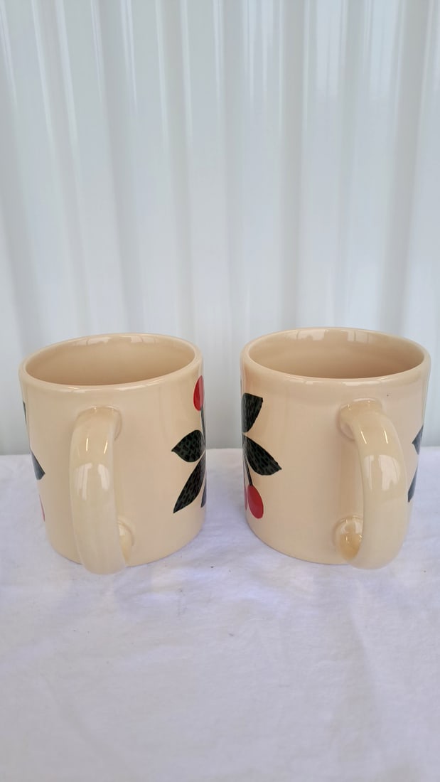 Pair Of Cream Ceramic Mugs With Red Cherry And Green Leaf Design - 5