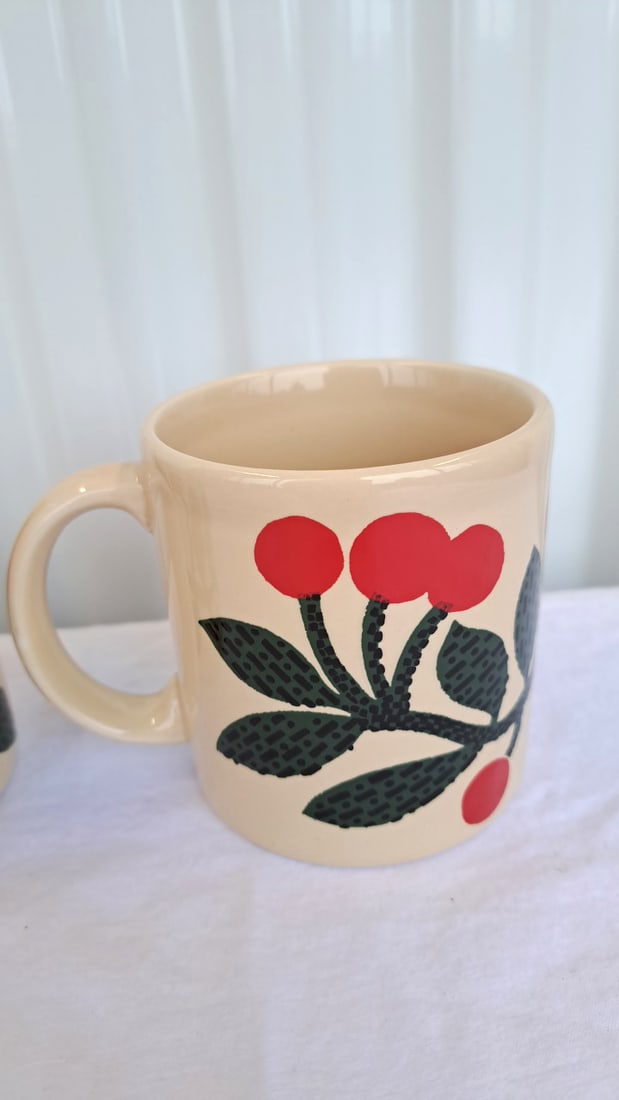 Pair Of Cream Ceramic Mugs With Red Cherry And Green Leaf Design - 6