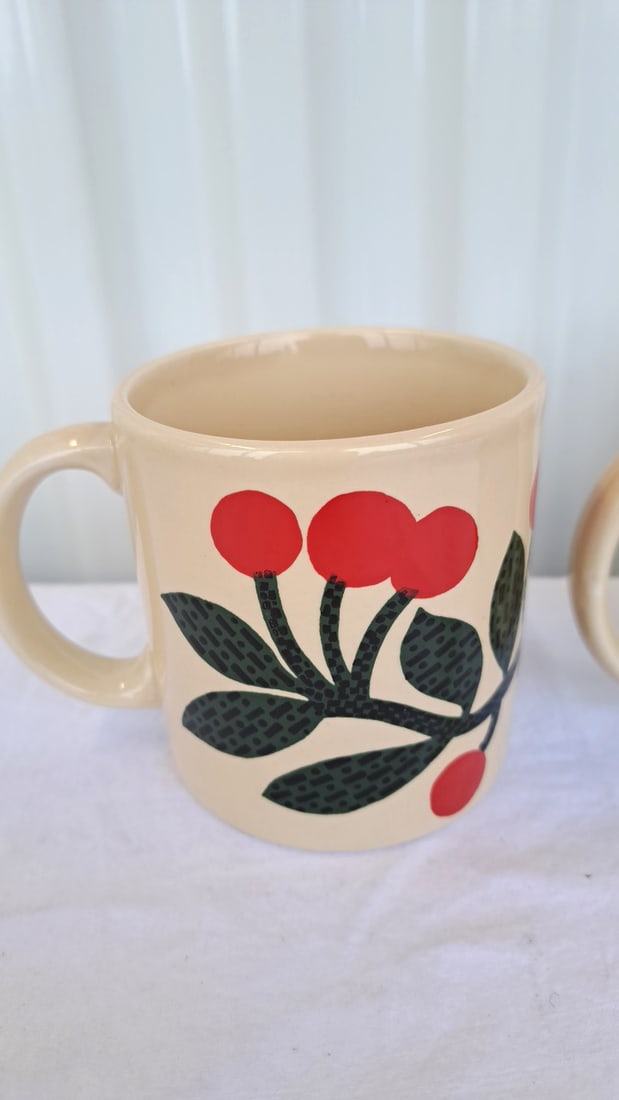 Pair Of Cream Ceramic Mugs With Red Cherry And Green Leaf Design - 7