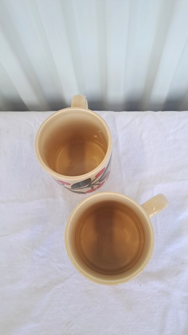 Pair Of Cream Ceramic Mugs With Red Cherry And Green Leaf Design - 9