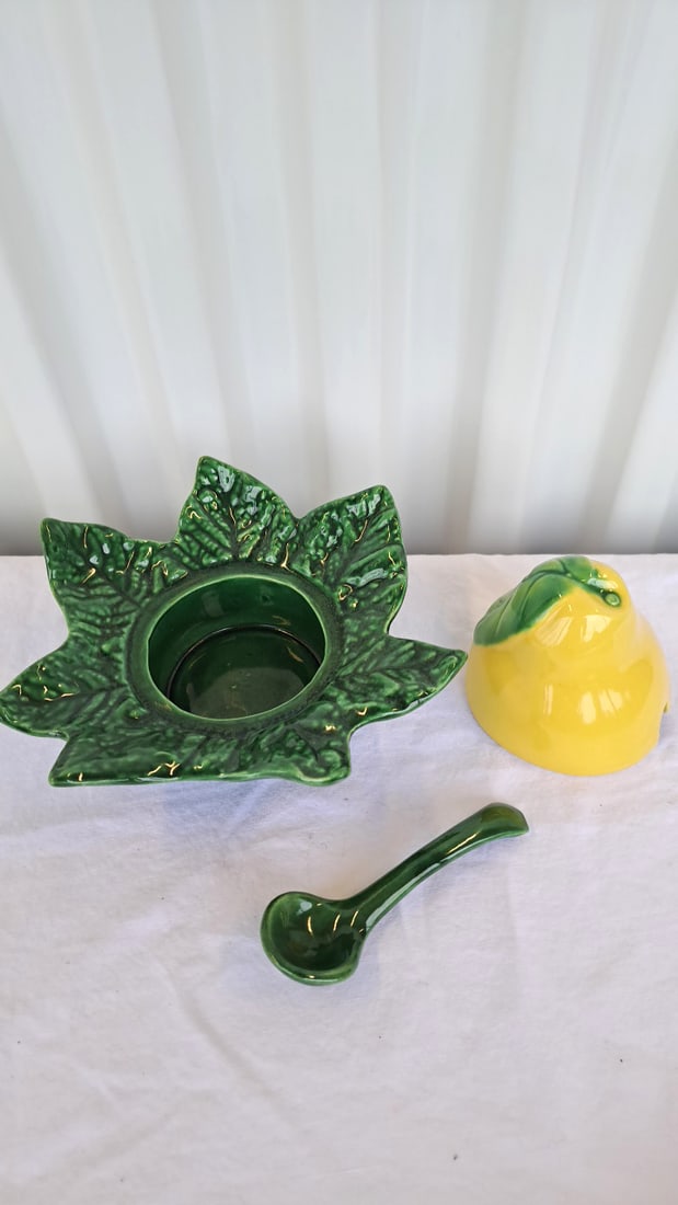 Ceramic Lemon Covered Condiment Bowl With Green Leaf Underplate And Spoon - 2