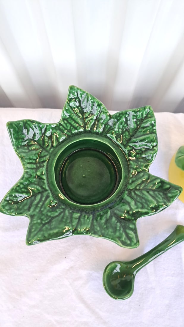 Ceramic Lemon Covered Condiment Bowl With Green Leaf Underplate And Spoon - 3
