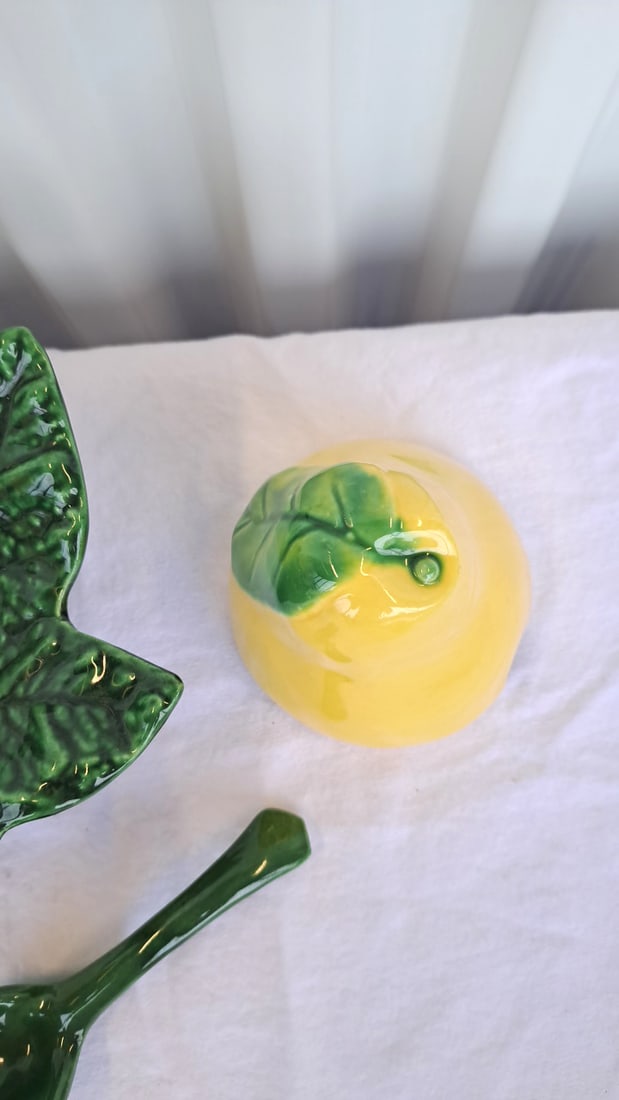 Ceramic Lemon Covered Condiment Bowl With Green Leaf Underplate And Spoon - 4