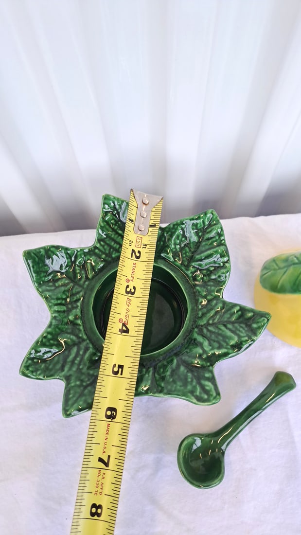 Ceramic Lemon Covered Condiment Bowl With Green Leaf Underplate And Spoon - 5