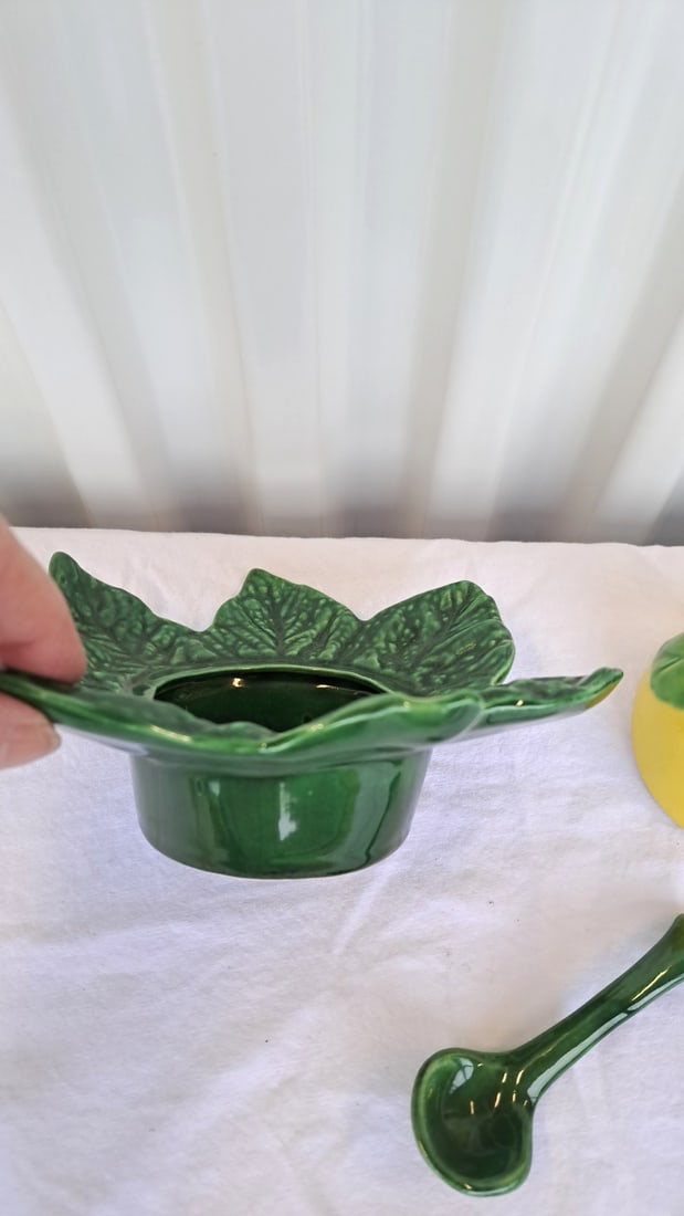 Ceramic Lemon Covered Condiment Bowl With Green Leaf Underplate And Spoon - 6