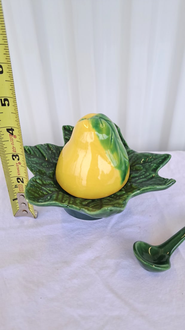 Ceramic Lemon Covered Condiment Bowl With Green Leaf Underplate And Spoon - 9