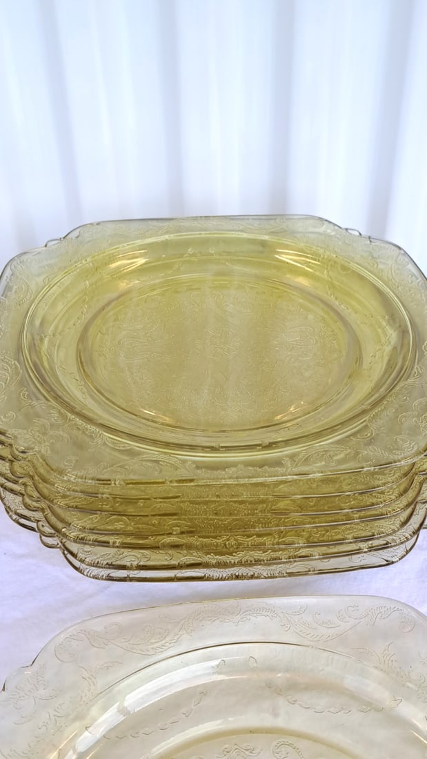8 Amber Madrid Depression Glass Dinner Plates 9in - 2