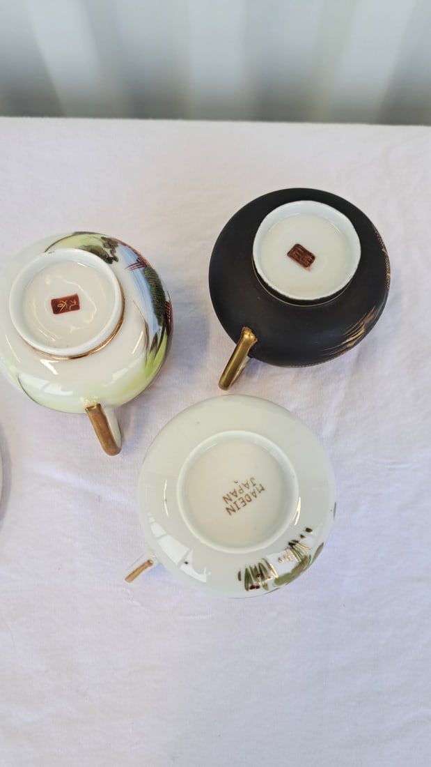 3 Japanese Porcelain Demitasse Cup Saucer Sets, Gilt Landscape And Floral Designs - 10