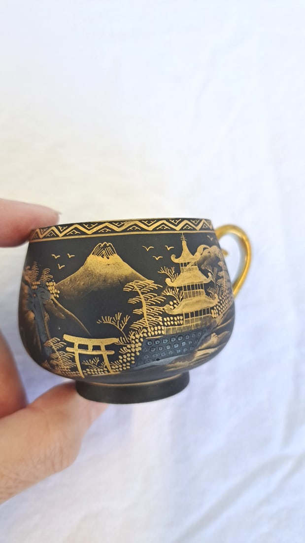 3 Japanese Porcelain Demitasse Cup Saucer Sets, Gilt Landscape And Floral Designs - 11