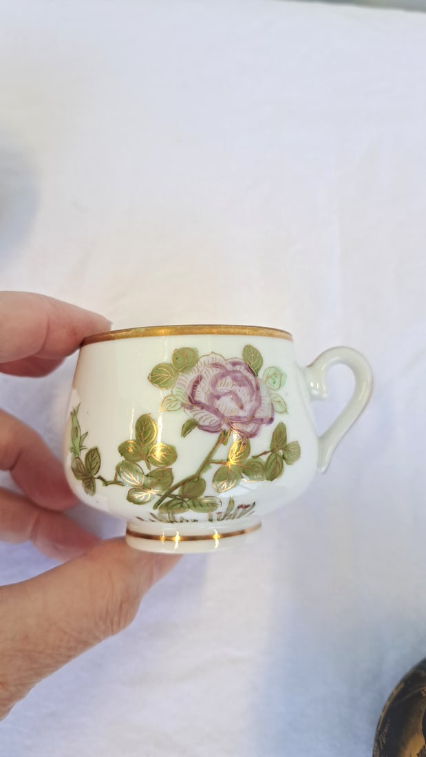 3 Japanese Porcelain Demitasse Cup Saucer Sets, Gilt Landscape And Floral Designs - 13