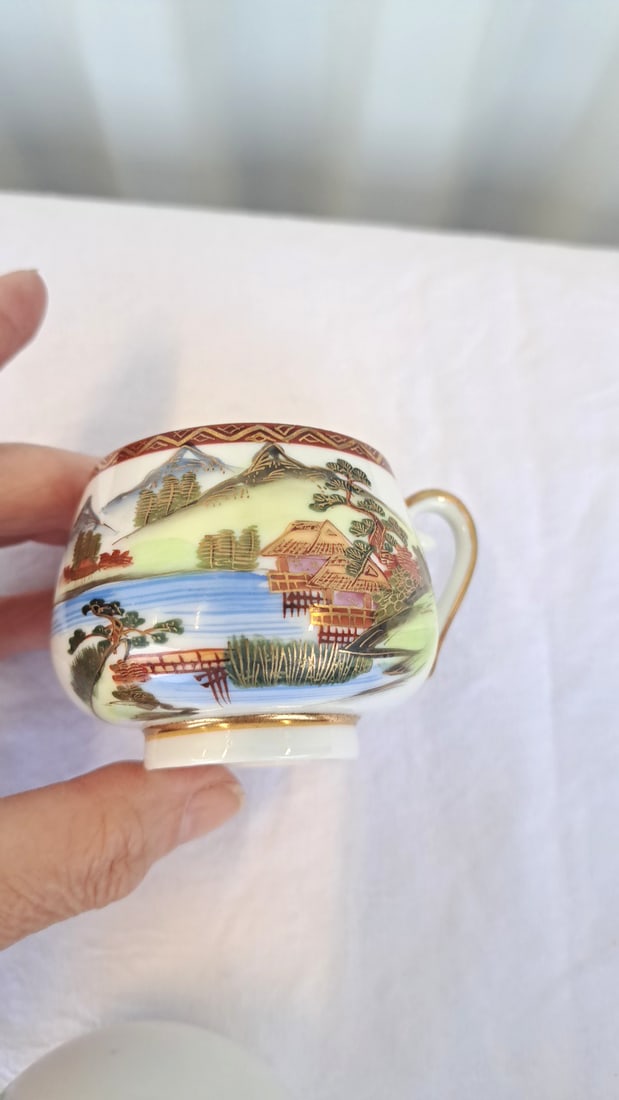 3 Japanese Porcelain Demitasse Cup Saucer Sets, Gilt Landscape And Floral Designs - 15