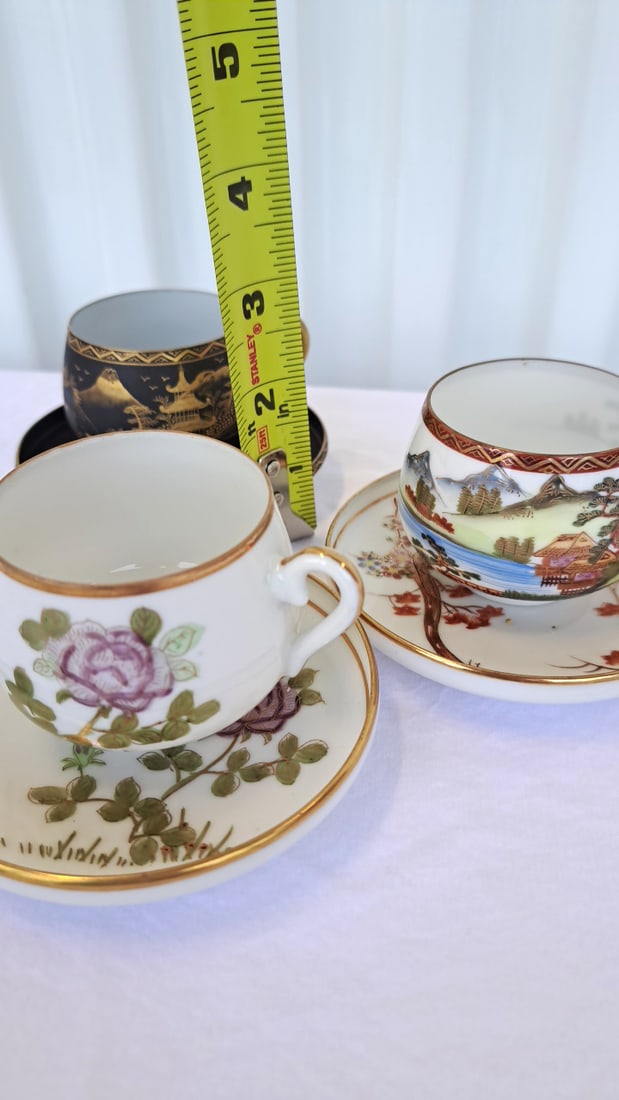 3 Japanese Porcelain Demitasse Cup Saucer Sets, Gilt Landscape And Floral Designs - 2
