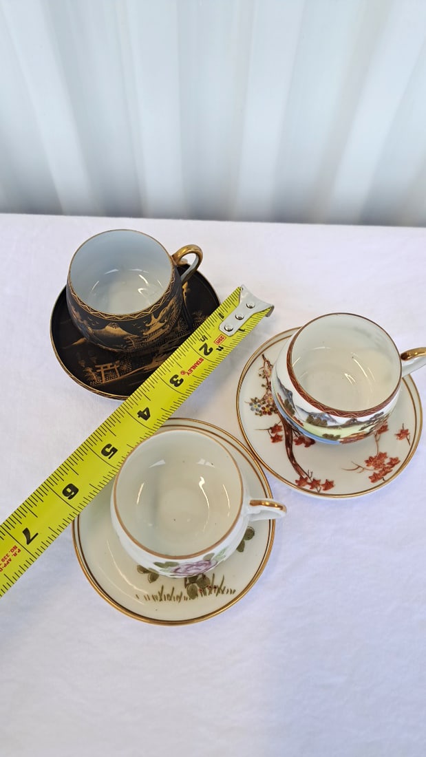 3 Japanese Porcelain Demitasse Cup Saucer Sets, Gilt Landscape And Floral Designs - 3