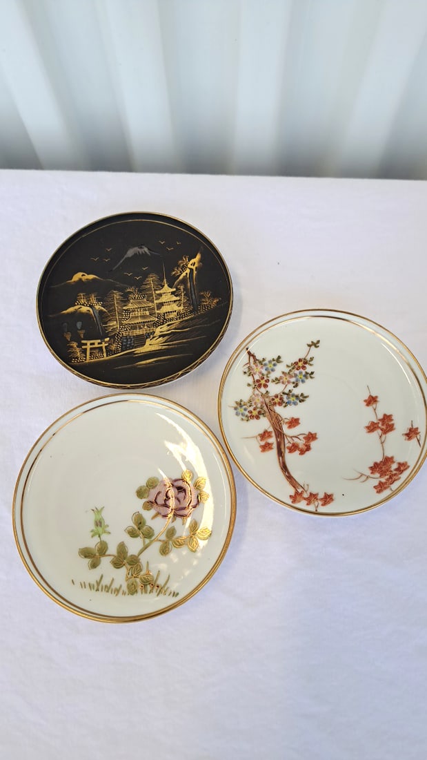 3 Japanese Porcelain Demitasse Cup Saucer Sets, Gilt Landscape And Floral Designs - 4