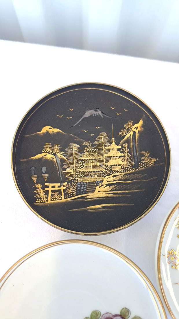 3 Japanese Porcelain Demitasse Cup Saucer Sets, Gilt Landscape And Floral Designs - 5