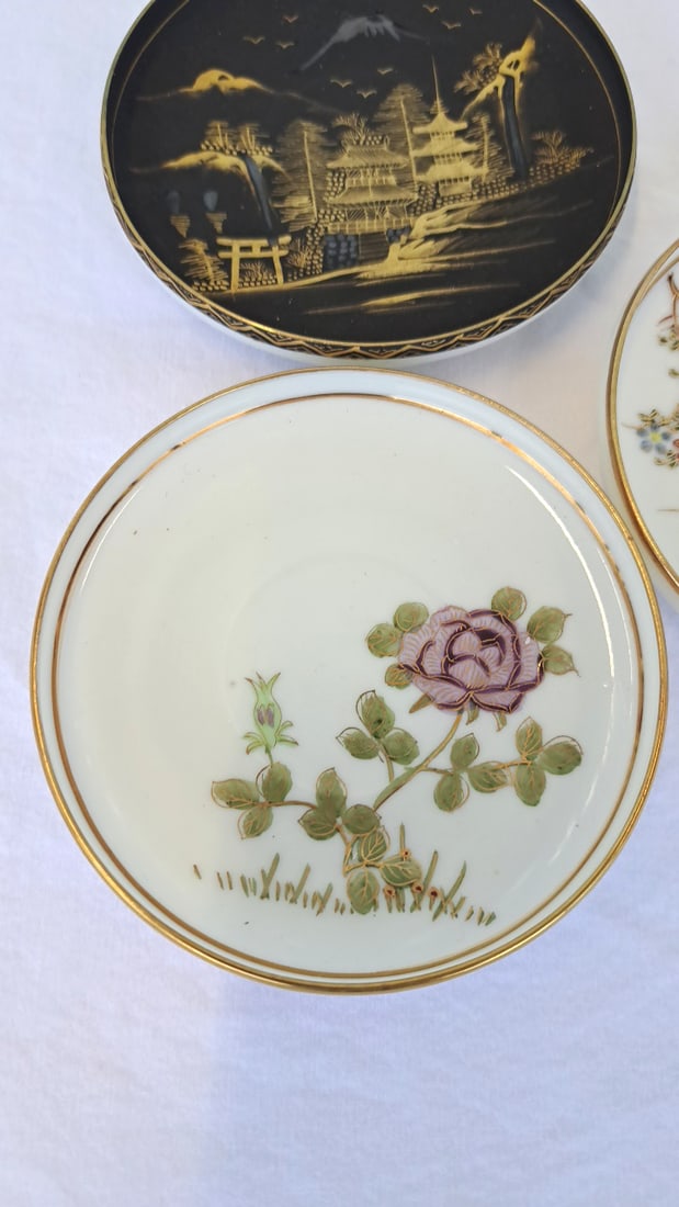 3 Japanese Porcelain Demitasse Cup Saucer Sets, Gilt Landscape And Floral Designs - 6