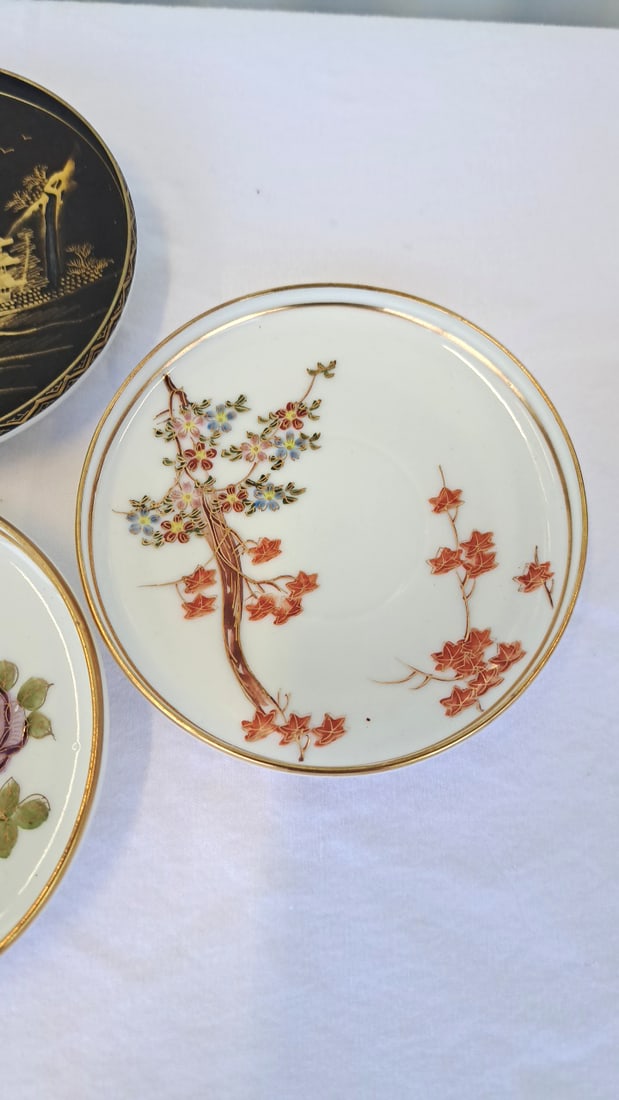 3 Japanese Porcelain Demitasse Cup Saucer Sets, Gilt Landscape And Floral Designs - 7