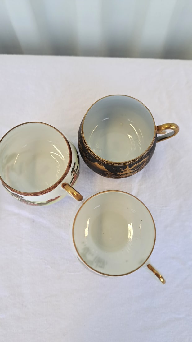 3 Japanese Porcelain Demitasse Cup Saucer Sets, Gilt Landscape And Floral Designs - 9