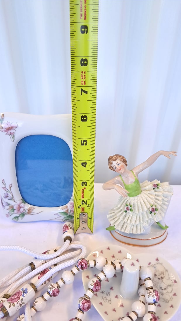 Porcelain Vanity Lot Dresden Lace Dancer, Floral Picture Frame,, Beads, Love Is Kind Ring Dish - 2