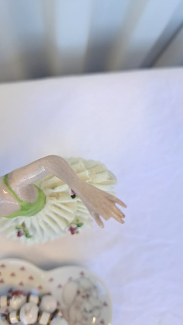 Porcelain Vanity Lot Dresden Lace Dancer, Floral Picture Frame,, Beads, Love Is Kind Ring Dish - 3