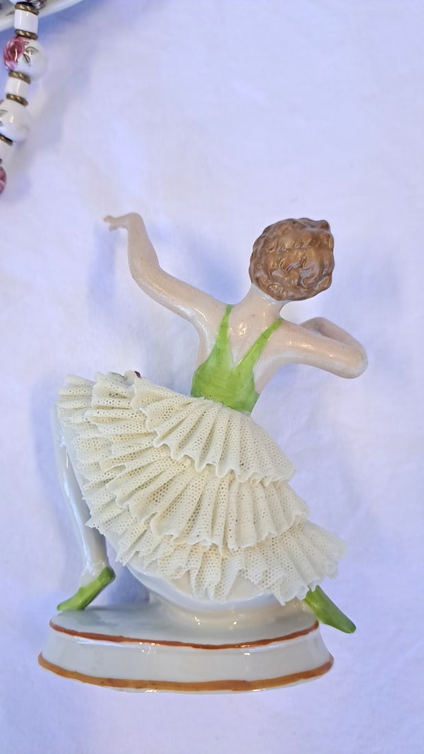 Porcelain Vanity Lot Dresden Lace Dancer, Floral Picture Frame,, Beads, Love Is Kind Ring Dish - 6