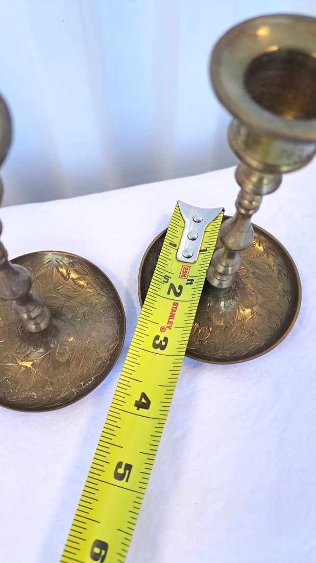 Pair Of Brass Candlestick Holders With Engraved Floral Round Bases - 3