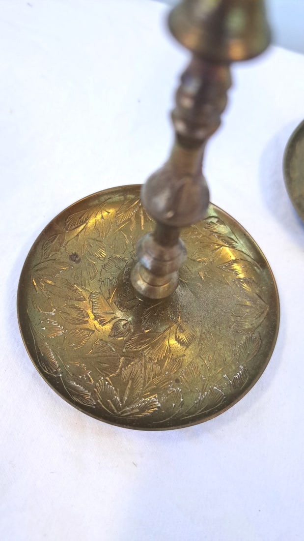 Pair Of Brass Candlestick Holders With Engraved Floral Round Bases - 4