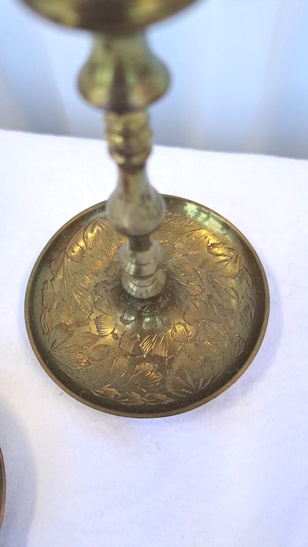 Pair Of Brass Candlestick Holders With Engraved Floral Round Bases - 5