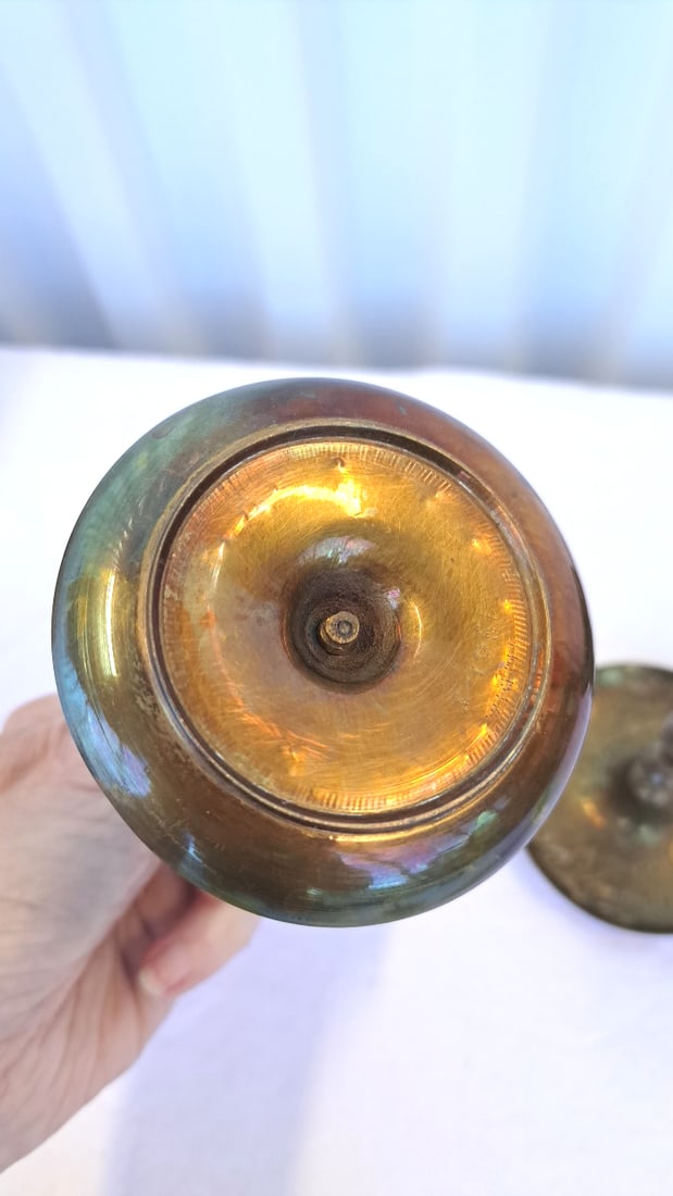 Pair Of Brass Candlestick Holders With Engraved Floral Round Bases - 6
